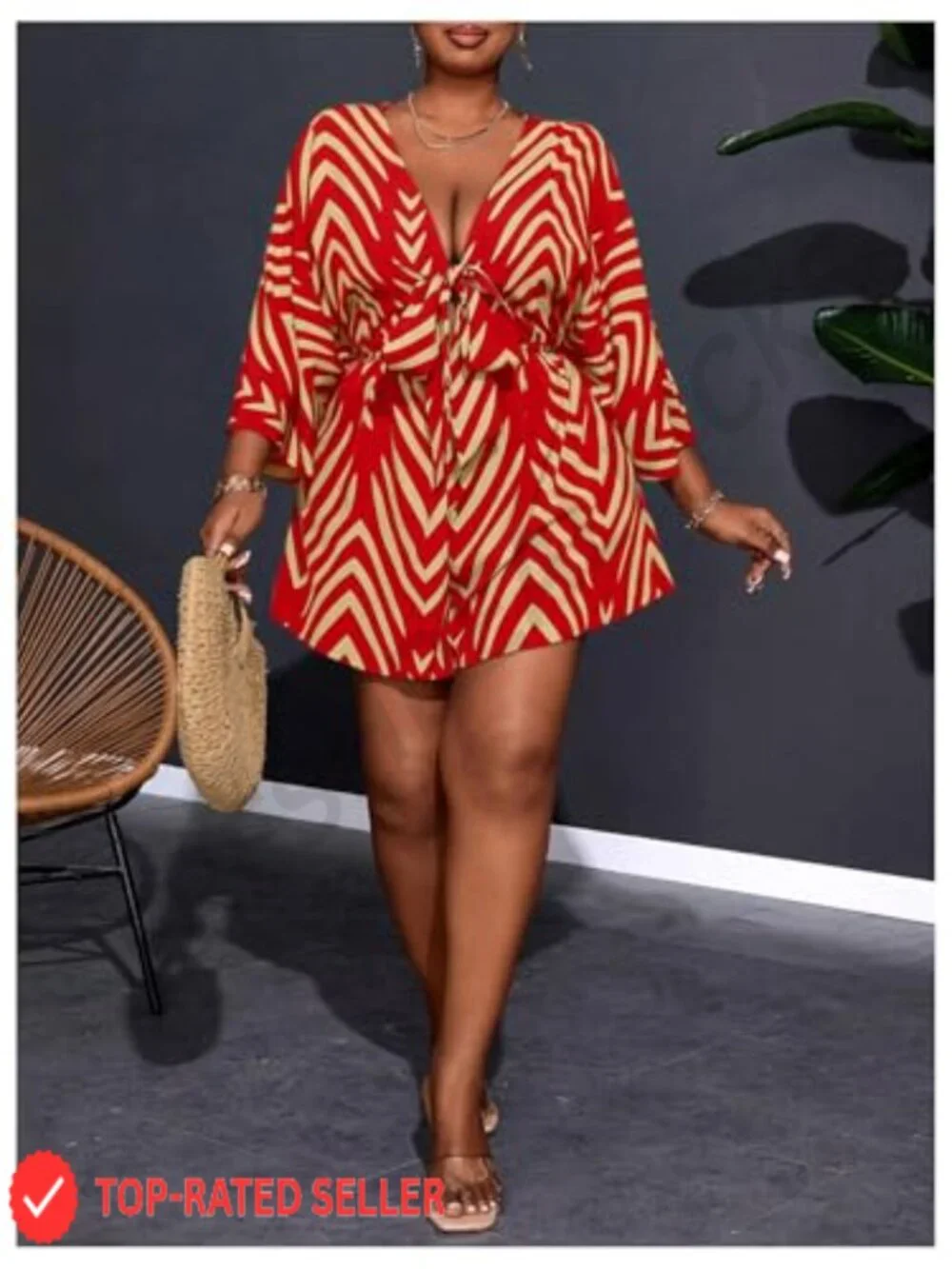 Plus Size Striped Tie Front Short Jumpsuit V Neck 3/4 Sleeve Loose Romper